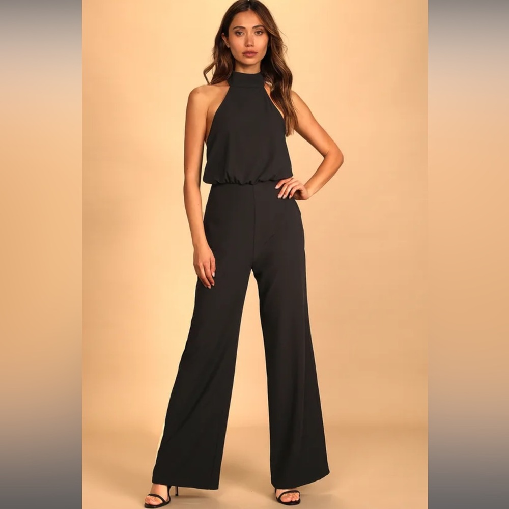 Lulu’s Moment for Life Black Halter Jumpsuit Size Small